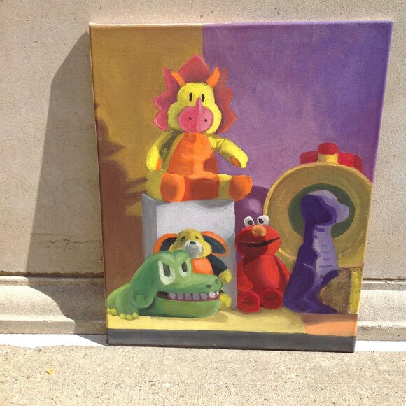 Unframed Original Art on Canvas "Favorite Plush Character Corner" 16" x 20" - Picture 3 of 12